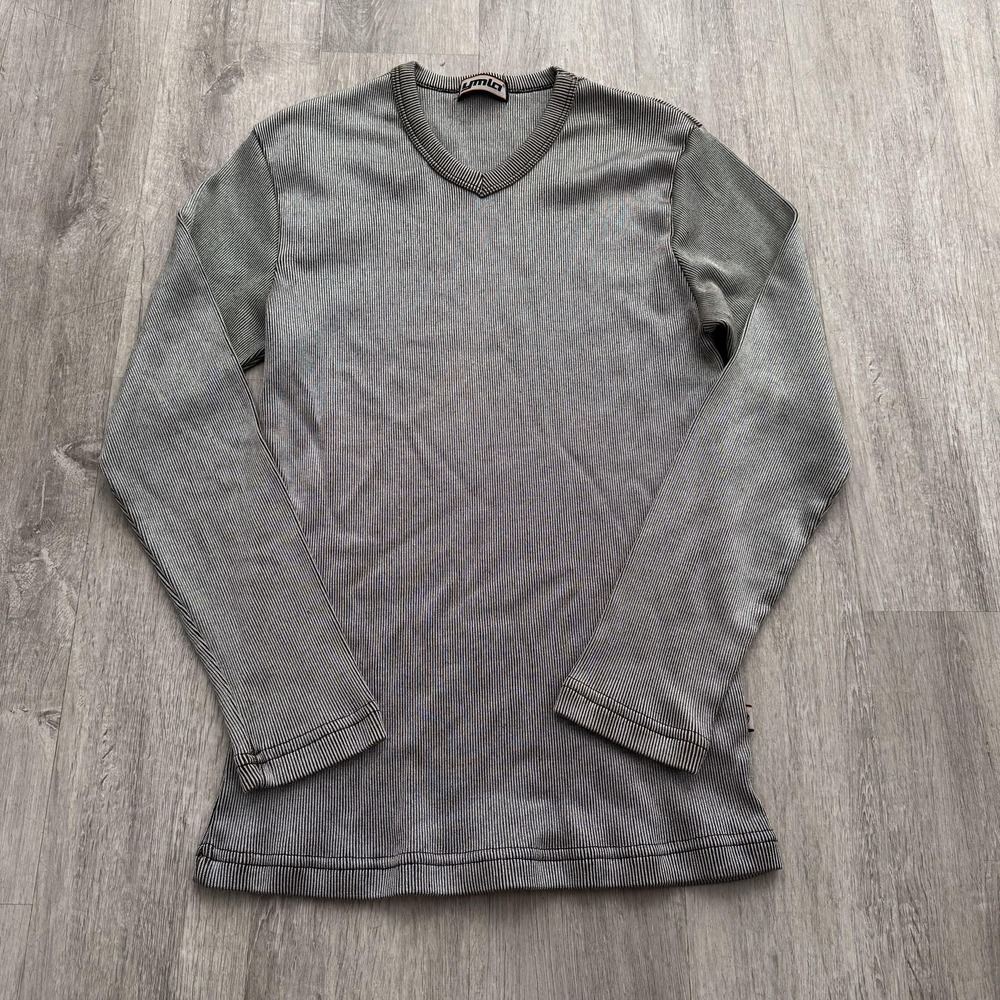 Vintage YMLA Rave Sweater Mens S/M Gray V Neck Long Sleeve Ribbed shiny Pullover